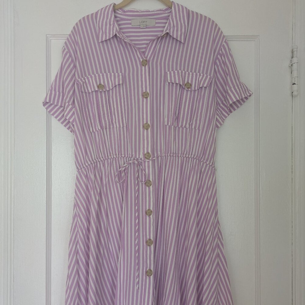 Never Worn Ann Taylor Loft Striped Mini Pocket Shirtdress Lilac/White Large